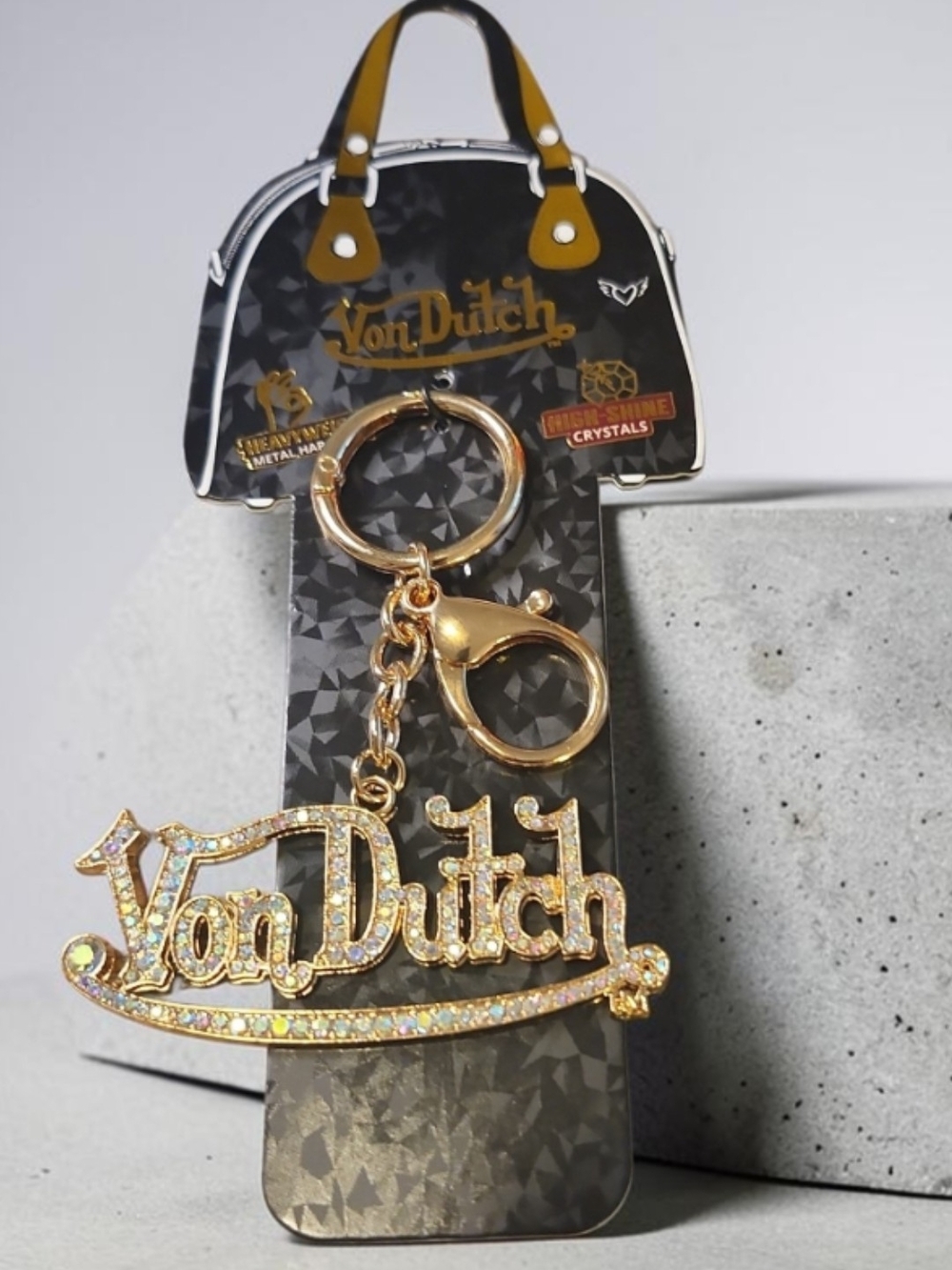 Von Dutch Gold Crystal Logo Keychain/Bag Charm with Rhinestones New - Picture 2 of 2